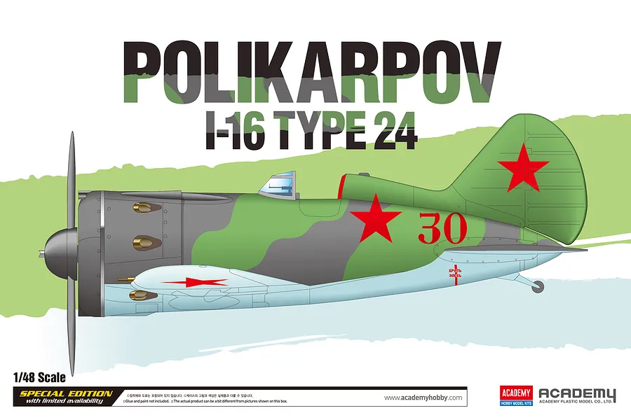 Box art for an Academy 1/48 scale Polikarpov I-16 Type 24 model kit, featuring a side-profile illustration of the Soviet fighter plane.