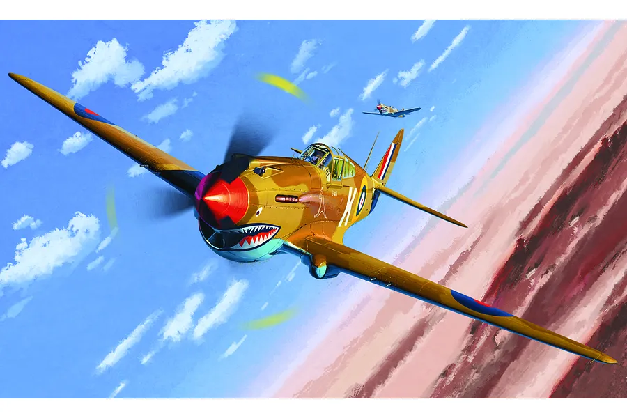 Box art illustration of two Curtiss Tomahawk fighter aircraft flying over a desert landscape with a blue sky.