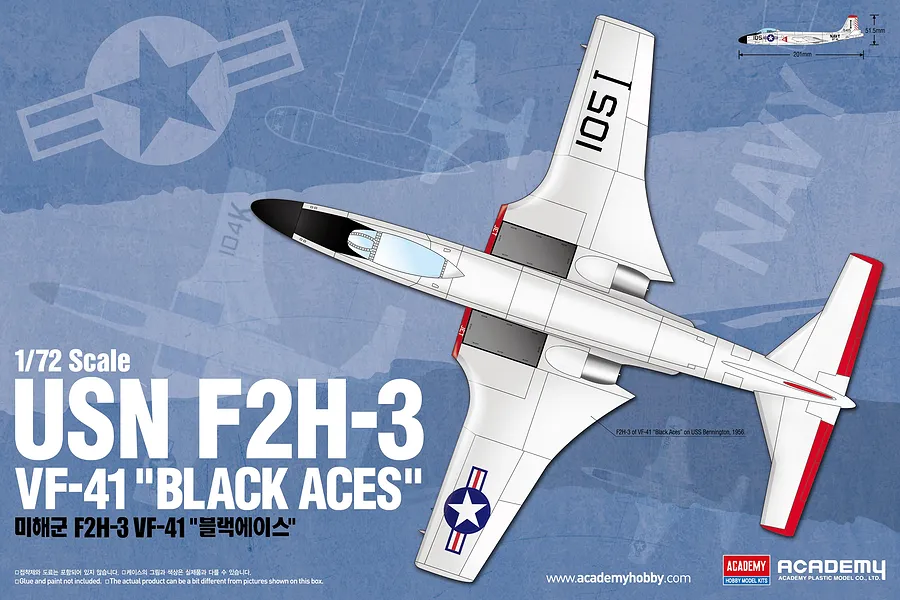 Academy 1/72 scale USN F2H-3 VF-41 Black Aces plastic model kit box art showing a top-down view of the white and red fighter jet.