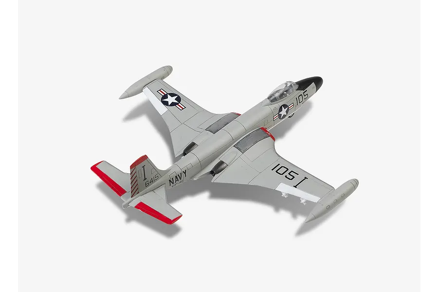 A 1/72 scale plastic model of a US Navy F2H-3 Banshee fighter jet, painted grey with red tail accents and VF-41 Black Aces markings.