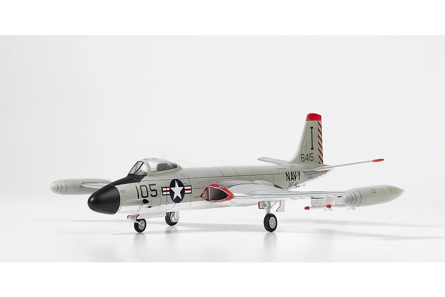 A side-profile studio shot of a completed 1/72 scale Academy F2H-3 Banshee model aircraft painted in US Navy VF-41 livery with a grey and white finish.