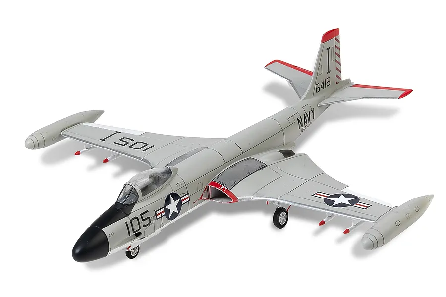 A completed 1/72 scale plastic model of a US Navy F2H-3 Banshee fighter jet in grey livery with red accents and VF-41 Black Aces markings.