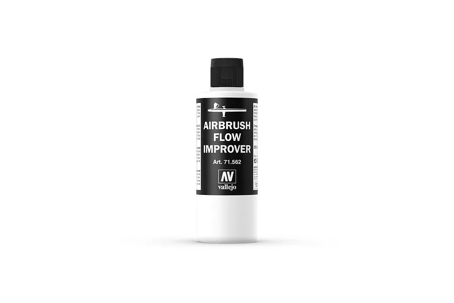A 200ml bottle of Vallejo Airbrush Flow Improver with a white body and black cap, featuring a black label with white text and an airbrush icon.