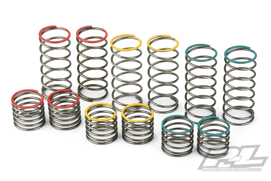 A set of 12 Pro-Line PowerStroke RC shock springs in various lengths and color-coded stiffness ratings on a white background.