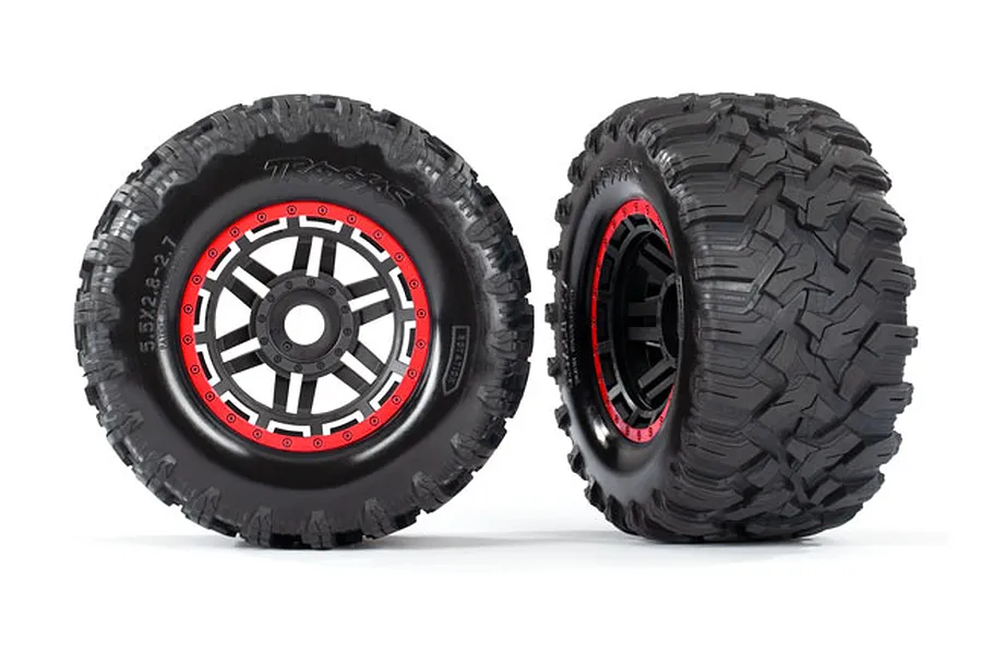 Traxxas 2.8/3.7&amp;quot; Maxx 4S AT Tyres on 6 Spoke Red Rims - Glued Wheels 2Pcs image 55294