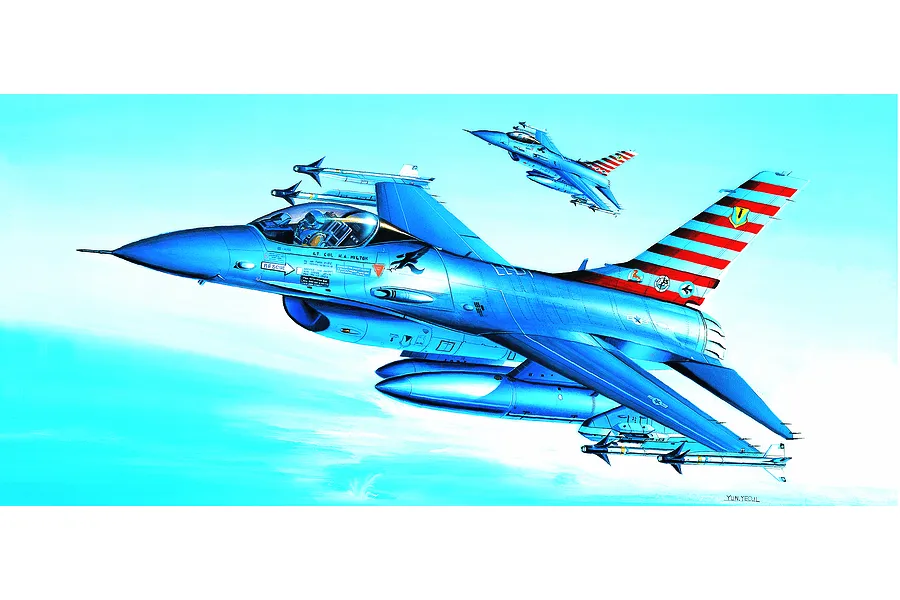 Box art illustration of two USAF F-16A Fighting Falcon fighter jets flying in formation against a bright blue sky.