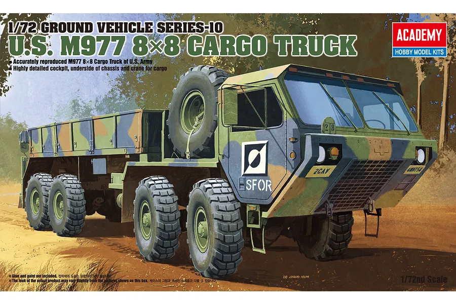 Box art for Academy 1/72 scale U.S. M977 8x8 Cargo Truck plastic model kit featuring a painted illustration of the military vehicle in a forest setting.
