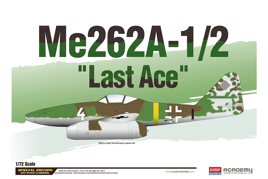 Box art for Academy 1/72 scale Me262A-1/2 Last Ace model kit featuring a side profile illustration of a German WWII jet fighter.