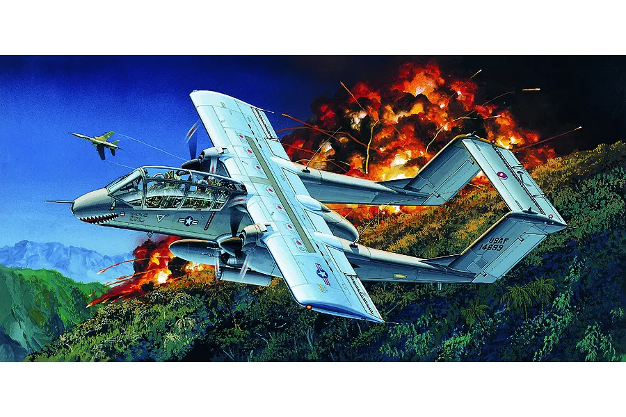 Box art illustration of an OV-10A Bronco aircraft flying over a jungle during an explosion, with another jet in the background.