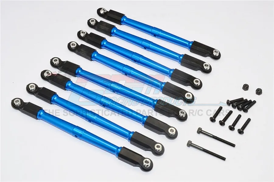 A set of eight blue anodized aluminium RC suspension linkages with black plastic rod ends and included mounting hardware on a white background.