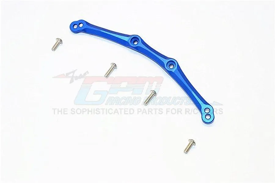 A blue anodized aluminium RC car body mount brace with four small silver screws arranged around it on a white background.
