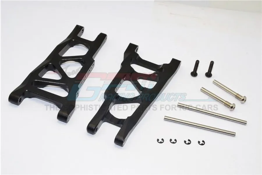 Two black aluminium RC rear suspension arms with included metal screws, pins, and e-clips on a white background.