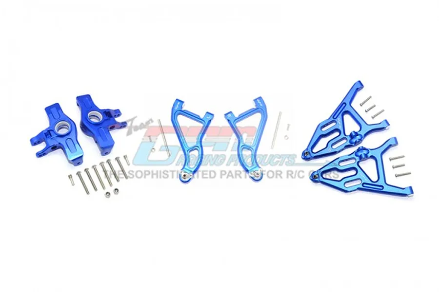 GPM Blue Aluminium Front Suspension Arms &amp;amp; Steering Hubs Set image 55952