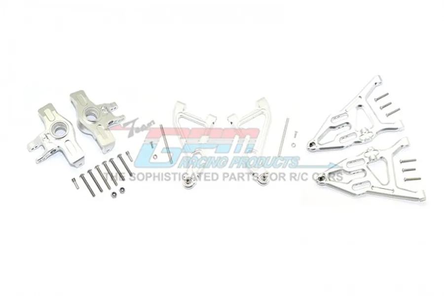 GPM Silver Aluminium Front Suspension Arms &amp;amp; Steering Hubs Set image 55954