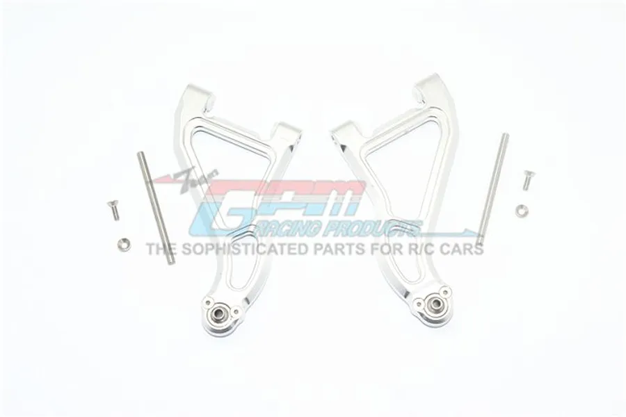 A pair of silver aluminium front upper suspension arms for an RC car, including mounting pins and screws, displayed on a white background.
