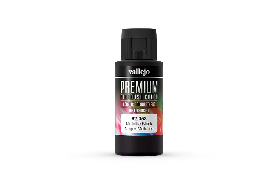 A 60ml bottle of Vallejo Premium Metallic Black airbrush paint with a black cap and a label featuring abstract colorful swirls.