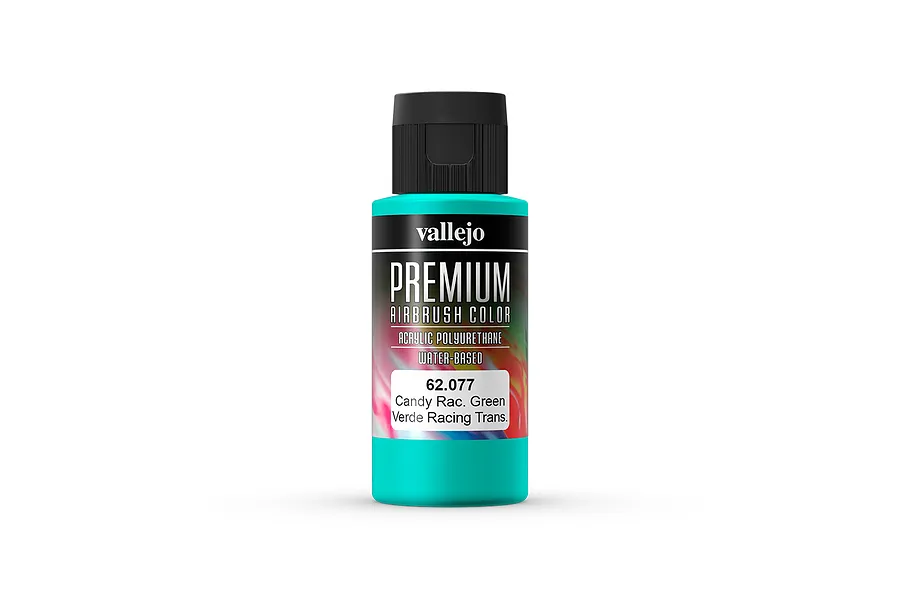 A 60ml bottle of Vallejo Premium Airbrush Color in Candy Racing Green, featuring a black cap and a label with product details.