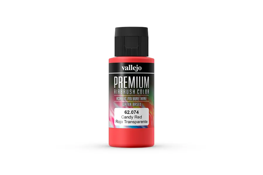 A 60ml bottle of Vallejo Premium Airbrush Color in Candy Red, featuring a black cap and a label with product details.