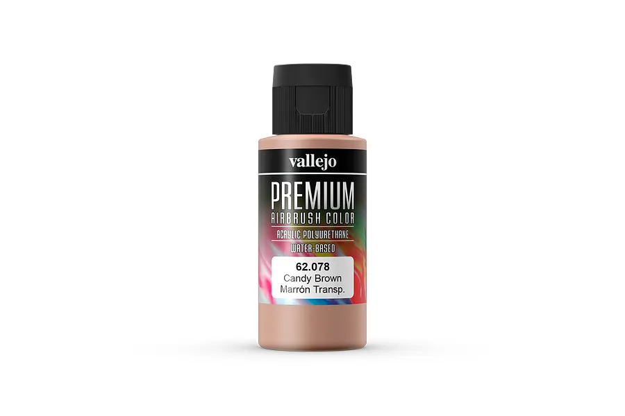 A 60ml bottle of Vallejo Premium Airbrush Color in Candy Brown, featuring a black cap and a label with product details.