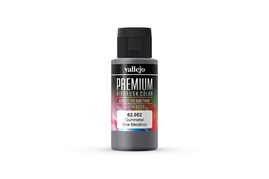 A 60ml bottle of Vallejo Premium Airbrush Color paint in Gunmetal (62.052) with a black cap against a white background.