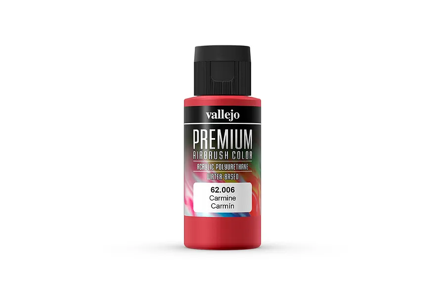 A 60ml bottle of Vallejo Premium Airbrush Color in Carmine red, featuring a black cap and a label with product details.