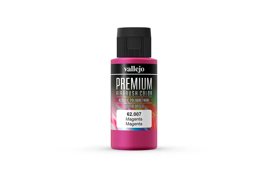 A 60ml bottle of Vallejo Premium Magenta airbrush paint with a black cap against a white background.