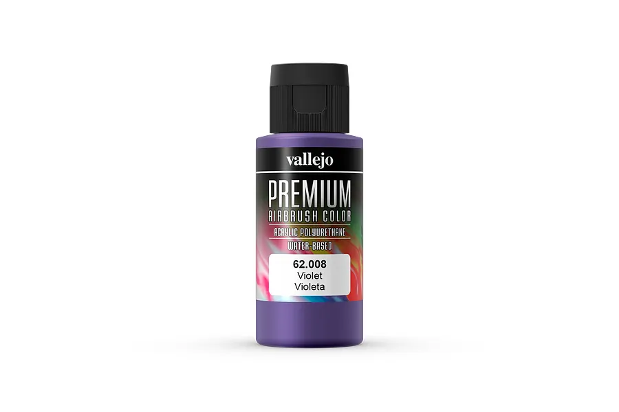 A 60ml bottle of Vallejo Premium Airbrush Color paint in Violet, featuring a black cap and a label with the product name and code 62.008.