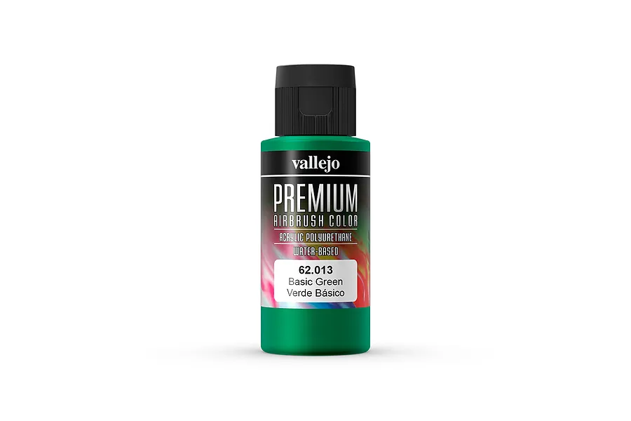 A 60ml bottle of Vallejo Premium Airbrush Color paint in Basic Green, featuring a black cap and a label with product details.