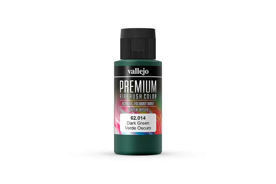 A 60ml bottle of Vallejo Premium Airbrush Color in Dark Green, featuring a black cap and a label with product details.