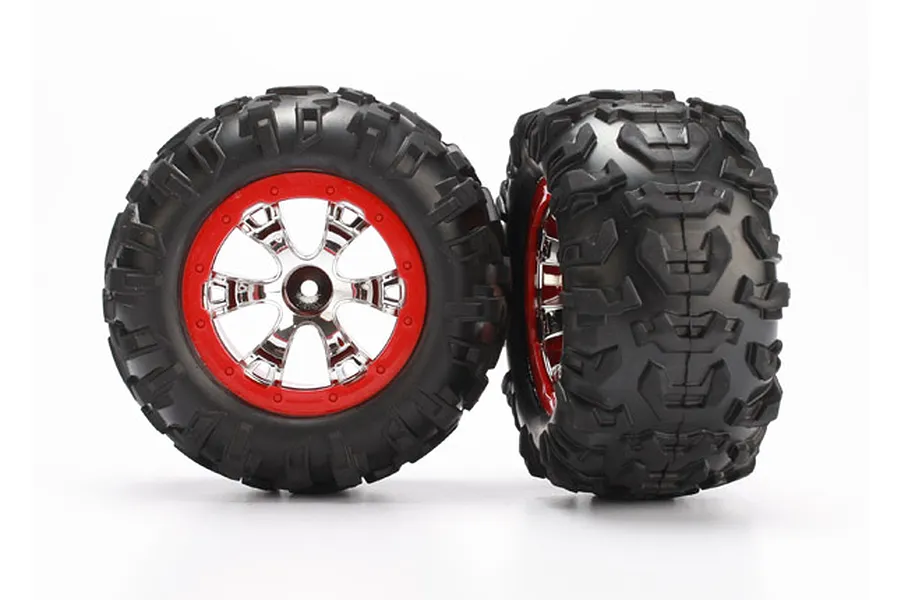 Traxxas 2.2&amp;quot; Canyon AT Tyres on Chrome Red Rims - Glued Wheels 2Pcs image 5606