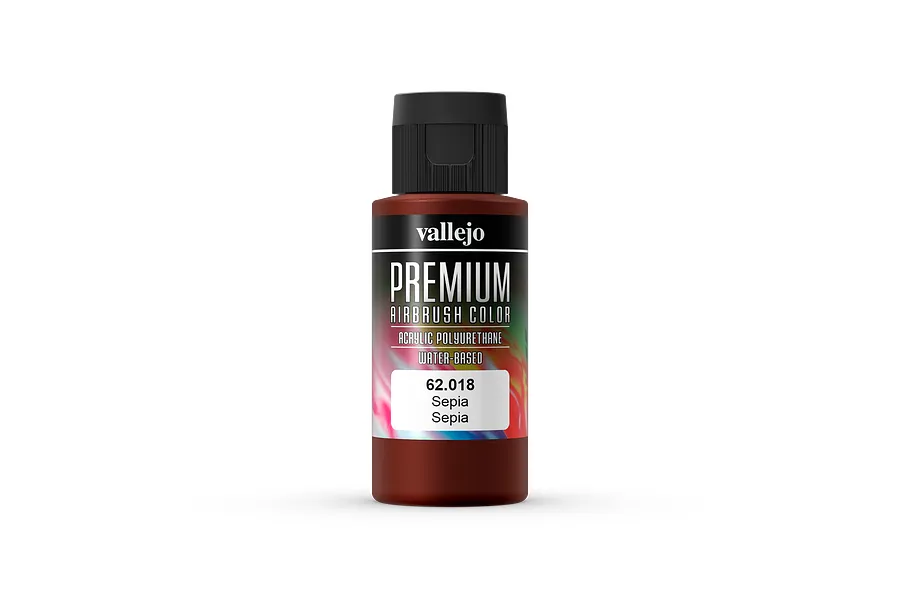 A 60ml bottle of Vallejo Premium Airbrush Color paint in Sepia, featuring a black cap and a label with product details.