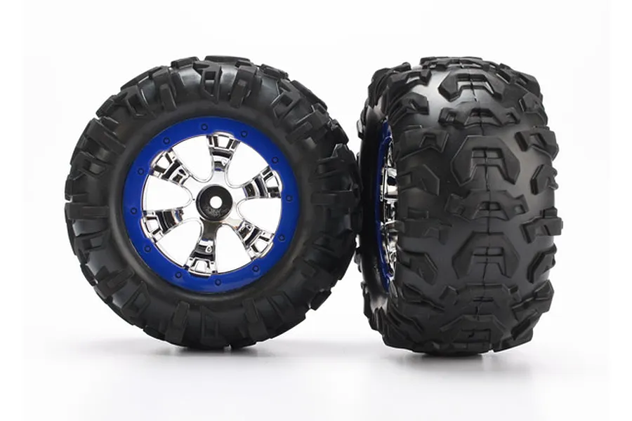 Traxxas 2.2&amp;quot; Canyon AT Tyres on Chrome Blue Rims - Glued Wheels 2Pcs image 5607