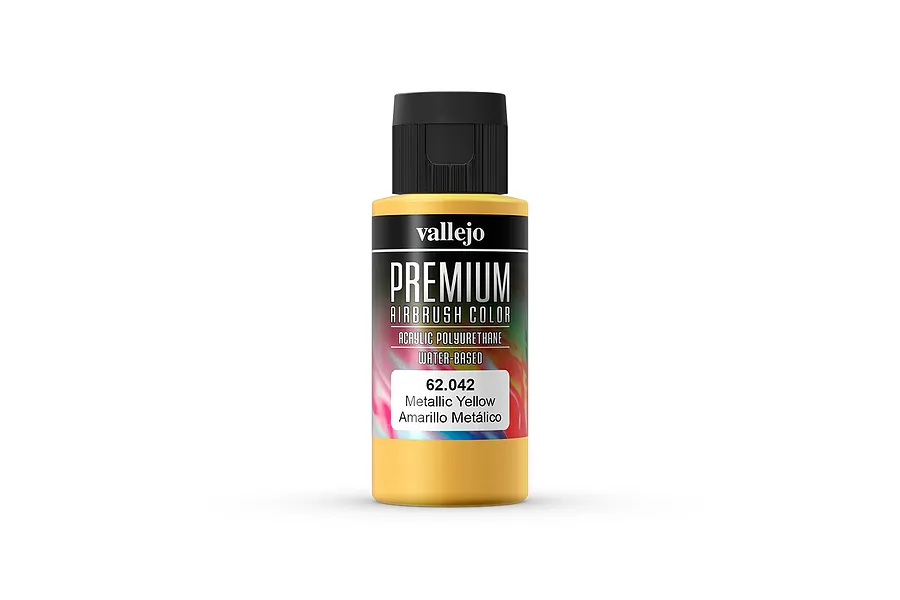 A 60ml bottle of Vallejo Premium Airbrush Color in Metallic Yellow, featuring a black cap and a label with product details.