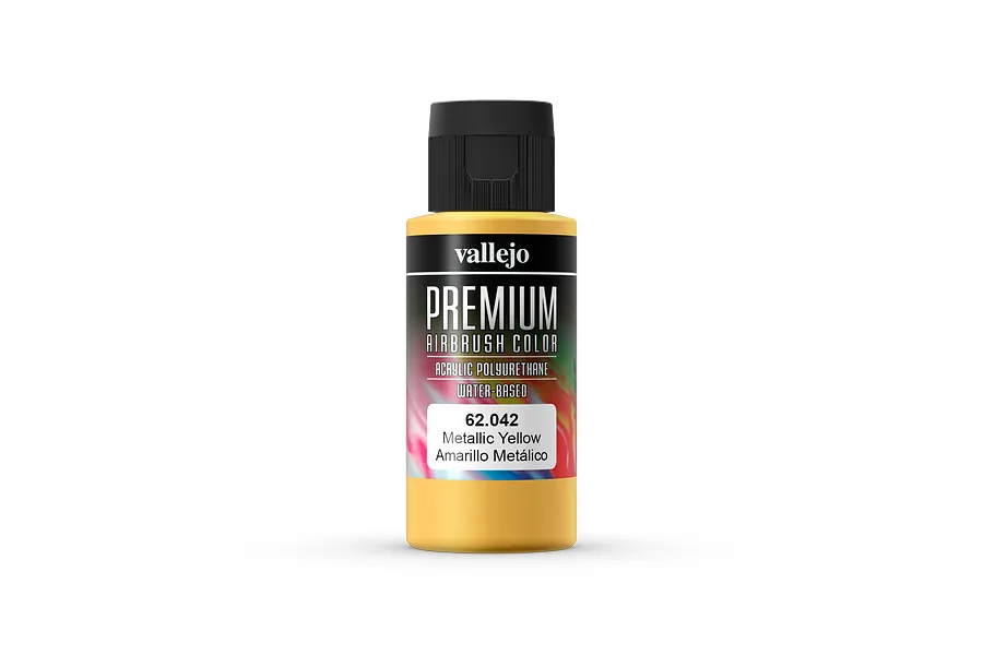 A 60ml bottle of Vallejo Premium Metallic Yellow airbrush paint with a black cap against a white background.