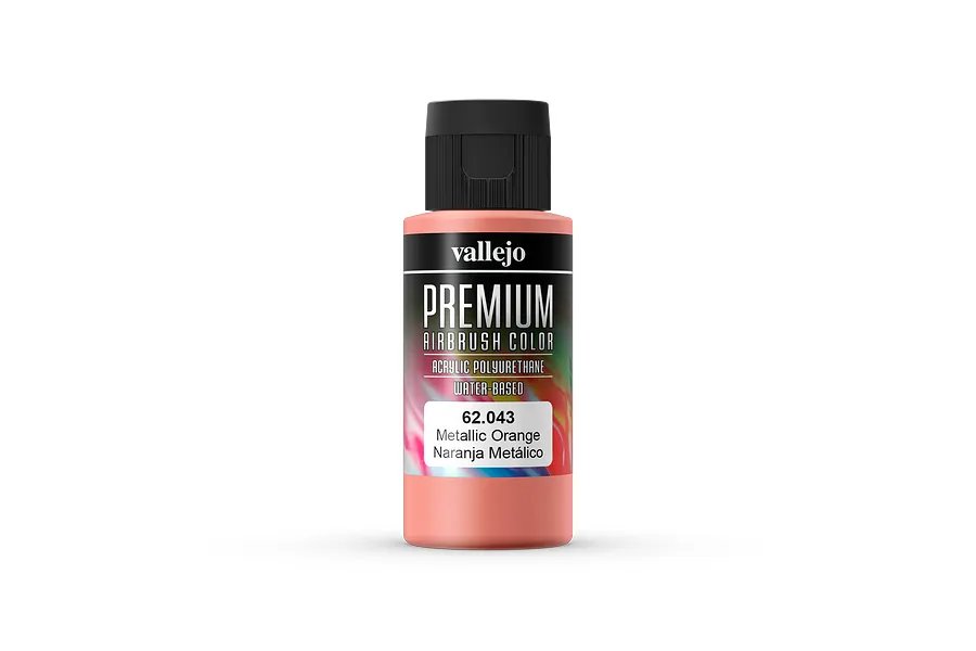 A 60ml bottle of Vallejo Premium Metallic Orange airbrush paint with a black cap, set against a clean white background.