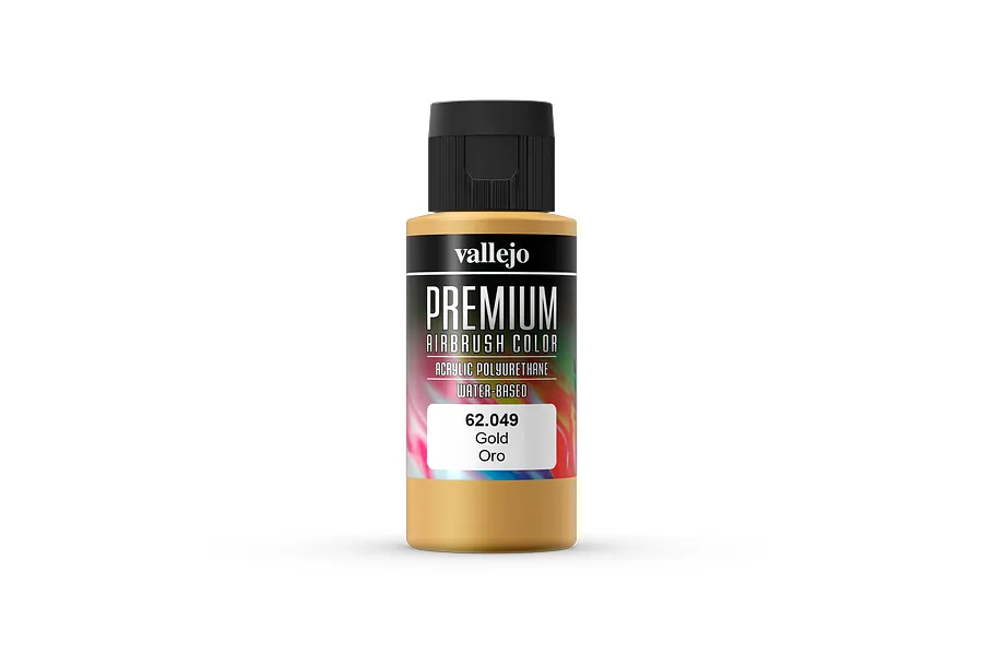 A 60ml bottle of Vallejo Premium Airbrush Color in Gold, featuring a black cap and a label with the product name and code 62.049.