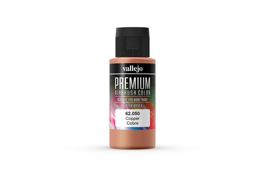 A 60ml bottle of Vallejo Premium Airbrush Color in Copper, featuring a black cap and a label with the product name and code 62.050.