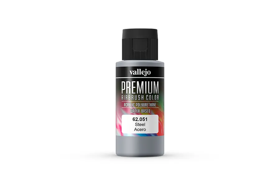 A bottle of Vallejo Premium Airbrush Color in Steel (62.051), featuring a black cap and a label with abstract colorful swirls.