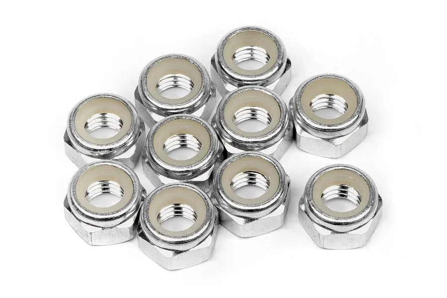 A group of ten silver-coloured 5mm nyloc nuts with white nylon inserts arranged on a white background.