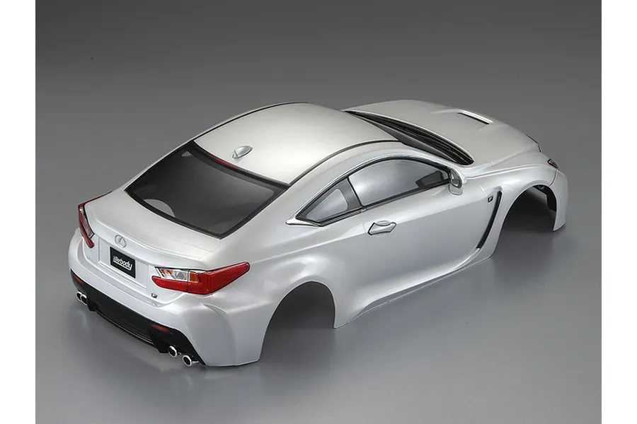Rear three-quarter view of a pearl white Lexus RC F RC car body shell by Killerbody on a grey background.