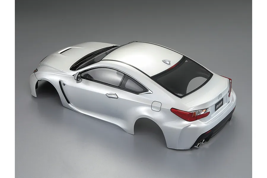 A pearl white 1/10 scale RC Lexus RC F body shell viewed from a high angle against a grey background.