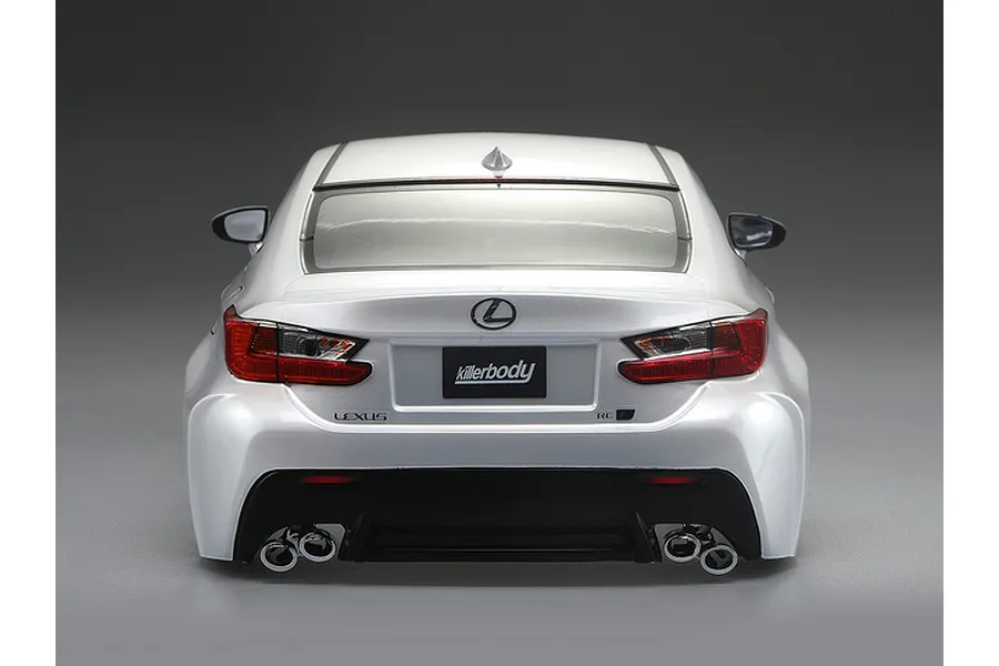 Rear view of a 1/10 scale pearl white Lexus RC F RC car body shell by Killerbody, featuring detailed taillights, exhaust pipes, and branding.