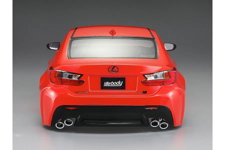 Rear view of a 1/10 scale orange Lexus RC F RC car body shell by Killerbody against a grey background.