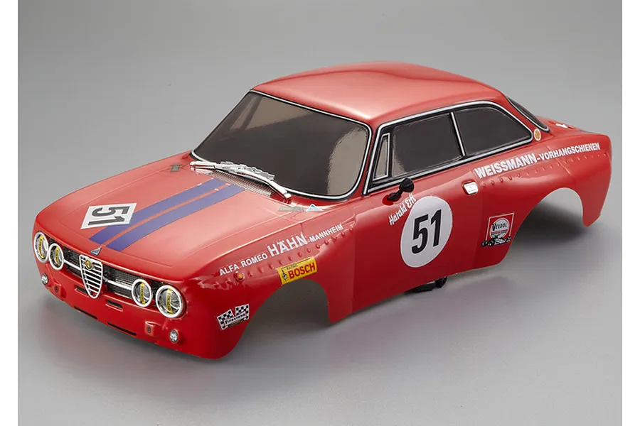 A red Killerbody 1/10 scale Alfa Romeo 2000 GTAm RC car body shell with racing decals and number 51, shown against a plain grey background.