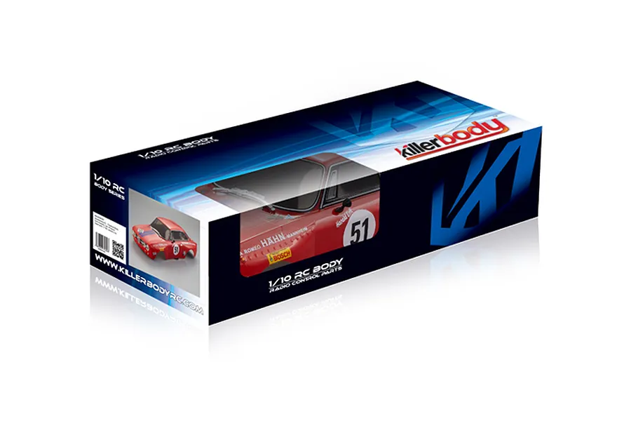 Killerbody 1/10 scale Alfa Romeo 2000 GTAm pre-painted RC body shell inside its branded retail packaging box.