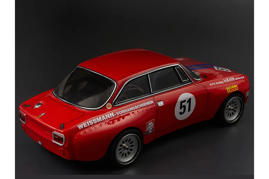A red Killerbody 1/10 scale Alfa Romeo 2000 GTAm RC car body shell with racing decals, viewed from the rear three-quarter angle.