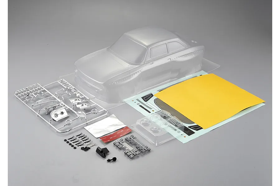 Killerbody 1/10 Alfa Romeo 2000 GTAm clear unpainted RC body shell kit including chrome parts, decals, and accessories on a grey background.