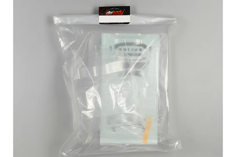 A clear, unpainted RC car body shell in a plastic bag with a Killerbody header card.