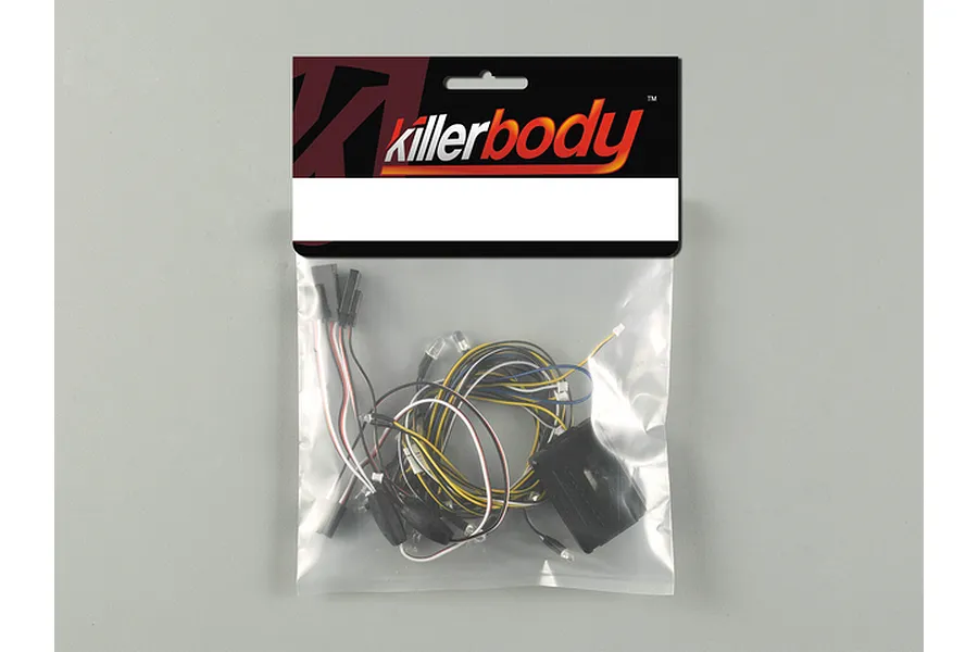 Killerbody LED light unit set for RC cars in retail packaging, featuring a control box and multiple LED wires.