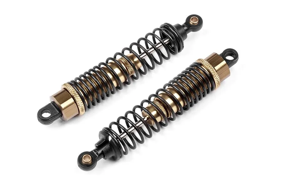 Two Maverick gunmetal aluminium RC shock absorbers with black springs on a white background.